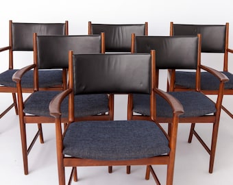 Set of 6 Kai Lyngfeldt Larsen Armchairs, Vejen Denmark 1960s, Danish Teak Chairs, Leather Back, Mid Century Modern