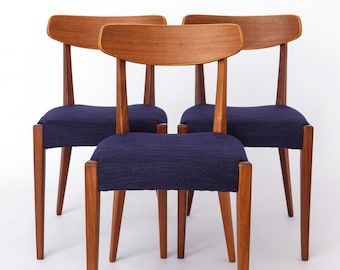 Set of 3 Danish Teak Chairs 1960s, Vintage Mid Century Dining Chairs, Dark Blue Upholstered Seats