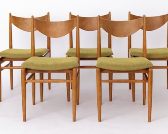 Set of 5 Vintage Dining Chairs, 1960s Germany, Wenzel, Beech Wood, Mid Century Modern, Green Upholstery