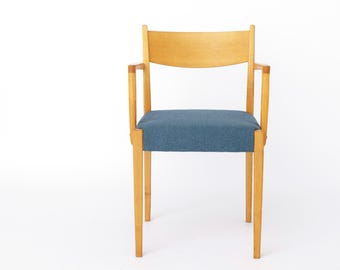 Vintage German Armchair 1960s, Mid Century Beechwood Chair with Blue Upholstery, Scandinavian Style Dining Chair, Single Chair