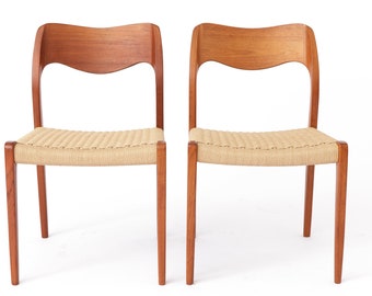 2 of 8 Niels Moller chairs, model 71, 1950s vintage, papercord seats, teak