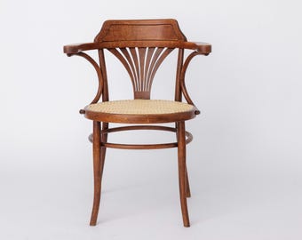 Vintage Bentwood Chair by Fischel Austria 1940s-1950s | Restored Beech Wood & New Rattan Seat | Desk or dining chair