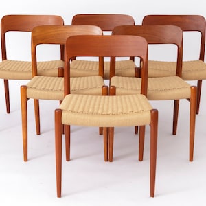 6 Niels Moller teak dining chairs with papercord seats by Niels Moller, model 75, 1950s, set of 6