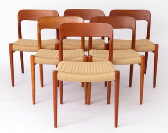6 Niels Moller teak dining chairs with papercord seats by Niels Moller, model 75, 1950s, set of 6