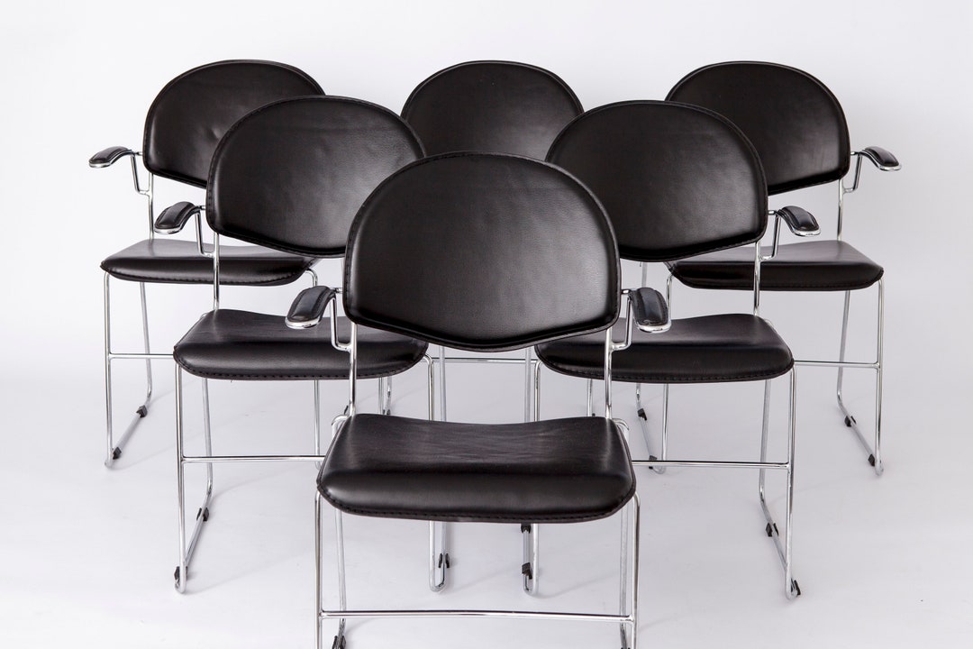 Set of 6 Vintage Stackable Cantilever Chairs – Metal Frame, Black ...