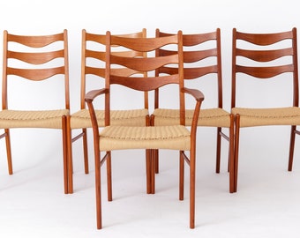 5 chaises de salle à manger vintage en teck Arne Wahl Iversen avec sièges en corde de papier pour Glyngøre stolefabrik, modèle GS91, ensemble de 5, Danemark 1960