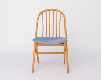 Desk Chair 1960s Germany, Vintage Beech Wood Office Chair, Restored Light Blue Upholstery, Mid Century