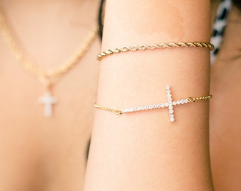 18k Gold Dainty Cross Bracelet, cross bracelet, gold bracelet, sideways cross bracelet dainty jewelry, dainty bracelet
