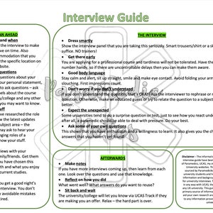 May include: An interview guide with green and white text on a white background. The guide is divided into sections: Plan Ahead, The Interview, and Afterwards. It offers advice on preparation, conduct, and follow-up for interviews.