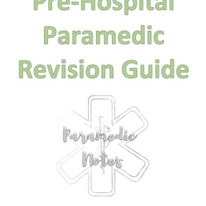 Puede incluir: Sobre un fondo blanco, el texto "Pre-Hospital Paramedic Revision Guide" está en verde. Un contorno gris de un símbolo de la vida está debajo del texto, con "Paramedic Notes" escrito dentro. También es visible el identificador de Instagram @paramedicnotes_.