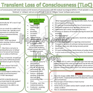 May include: A green and white informational poster with the title "Transient Loss of Consciousness (TLOC)". The poster describes the causes, assessment, and care pathway for TLOC. It also includes a section on "Red Flags" to watch out for.