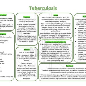 Può includere: Un poster informativo verde e bianco sulla tubercolosi, con sezioni su cos'è, segni e sintomi, trattamento, diagnosi, cause, tubercolosi multiresistente, vaccinazione contro la tubercolosi e fattori di rischio.