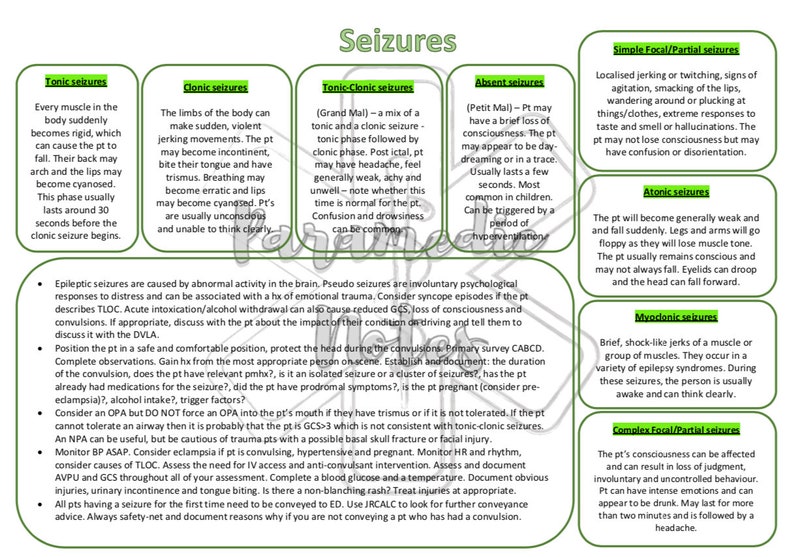 Puede incluir: Un gr&aacute;fico verde y blanco con la palabra "Seizures" en una fuente verde grande en la parte superior. El gr&aacute;fico est&aacute; dividido en secciones con diferentes tipos de convulsiones, incluyendo t&oacute;nicas, cl&oacute;nicas, t&oacute;nico-cl&oacute;nicas, ausentes, focales simples/parciales, at&oacute;nicas, miocl&oacute;nicas y focales complejas/parciales. Cada secci&oacute;n incluye una breve descripci&oacute;n del tipo de convulsi&oacute;n y sus s&iacute;ntomas.