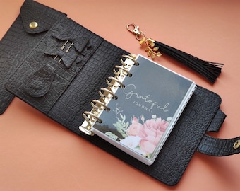 Handmade A7 Vegan Leather Planner Binder: Croc Design, Bow Clips Accessory Set