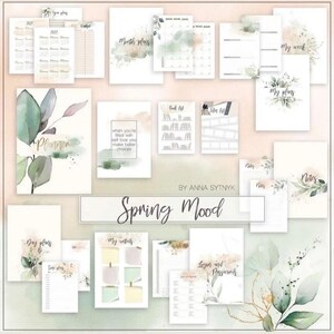 May include: A collection of printable planner pages with watercolor floral accents. Includes calendars, to-do lists, and note pages. The text "Spring Mood" and "Planner" are visible. The color palette features soft greens, pinks, and beige.