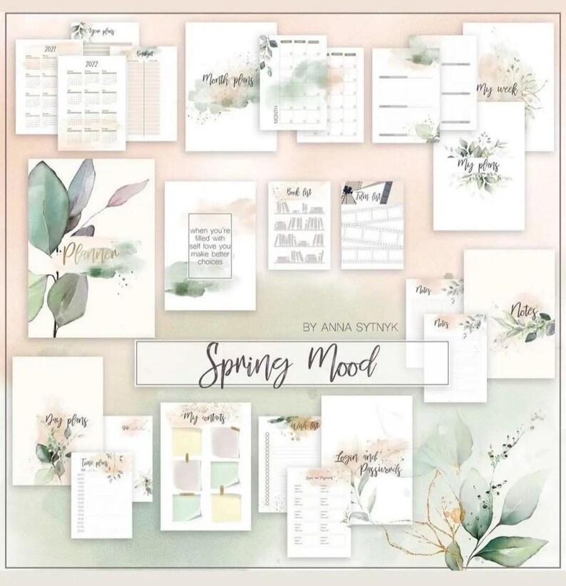 May include: A collection of printable planner pages with watercolor floral accents. Includes calendars, to-do lists, and note pages. The text "Spring Mood" and "Planner" are visible. The color palette features soft greens, pinks, and beige.