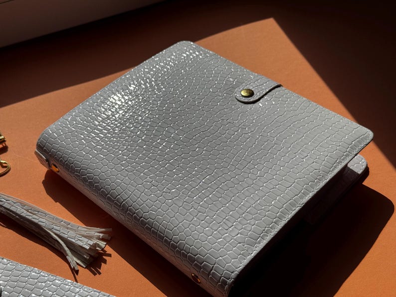 May include: A light gray, textured planner with a reptile-like pattern. The planner has a snap closure with a gold-colored button. A matching tassel and a small accessory are visible in the image. The planner is on an orange surface.