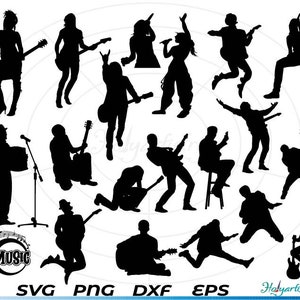 May include: Black and white silhouette of a band playing music. The band members are playing guitars, drums, and singing. The word "MUSIC" is written in a stylized font at the bottom of the image.