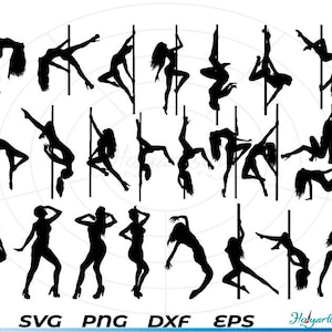 Puede incluir: Un conjunto de 20 imágenes en silueta negra de personas bailando alrededor de un poste. Las imágenes están en varias poses y todas miran en la misma dirección. Las imágenes son perfectas para usar en una variedad de proyectos, como scrapbooking, creación de tarjetas y diseño digital.