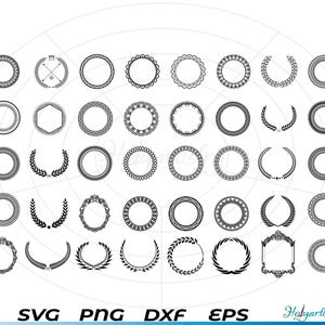 Puede incluir: Un conjunto de 40 archivos SVG de corte de corona y marco circular en blanco y negro. Los marcos son de varias formas y tamaños, incluyendo coronas, círculos y hexágonos.