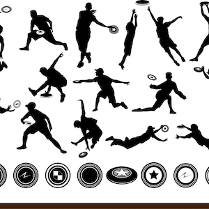 May include: Silhouettes of people playing frisbee. The image shows 14 people in various poses, throwing, catching, and running with frisbees. The image is in black and white.