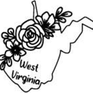 May include: Black and white outline of the state of West Virginia, adorned with floral elements. The text "West Virginia" is displayed in a cursive font within the state's borders. The design features a rose and other flowers.