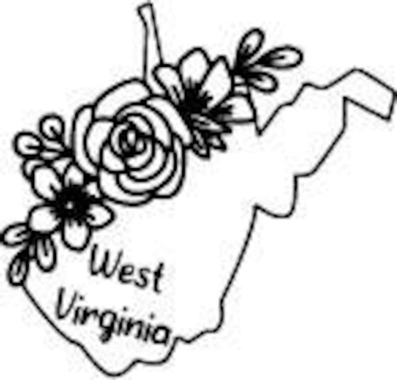 May include: Black and white outline of the state of West Virginia, adorned with floral elements. The text "West Virginia" is displayed in a cursive font within the state's borders. The design features a rose and other flowers.