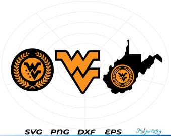 May include: Three West Virginia-themed designs. Includes a circular emblem with a laurel wreath and stars, a stylized "WV" logo, and a silhouette of the state with a similar emblem. The designs are in orange and black.
