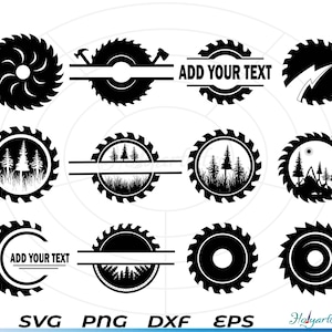 Puede incluir: Un conjunto de 10 archivos de corte SVG en blanco y negro que presentan un diseño de hoja de sierra circular con varios elementos, incluidos árboles, montañas y el texto "Agregar su texto".