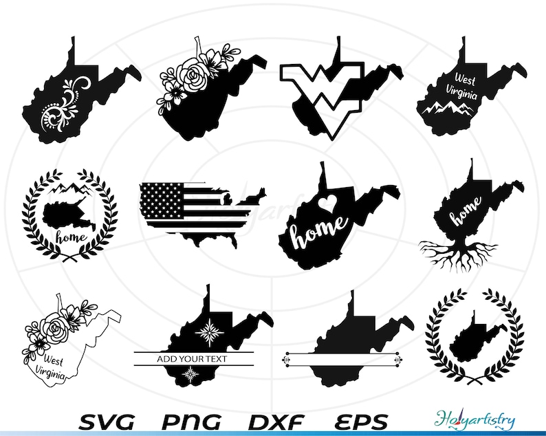 May include: A collection of black and white West Virginia state outline designs. The designs include floral accents, the state's logo, the US flag, and the word "home". The image also includes the text "ADD YOUR TEXT" and "West Virginia".