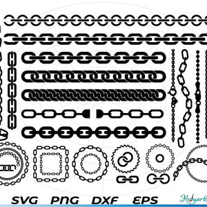 Puede incluir: Un conjunto de diseños de eslabones de cadena negros, que incluyen varios estilos de cadenas, círculos y cuadrados. Los diseños son perfectos para proyectos de manualidades, scrapbooking o diseño digital.