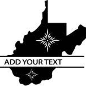May include: Black silhouette of the state of West Virginia with a horizontal bar for text and two starburst designs. The text "ADD YOUR TEXT" is displayed on the bar. The design is suitable for various applications.