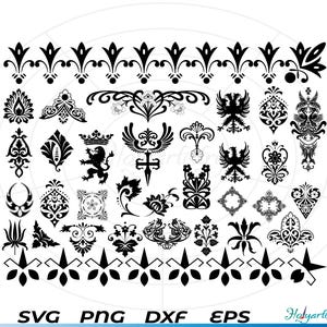 May include: A collection of black and white decorative design elements, including floral patterns, crests, and borders. These designs are perfect for crafting, scrapbooking, or adding a touch of elegance to any project.