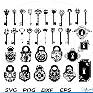 Puede incluir: Un conjunto de 20 archivos de corte SVG en blanco y negro con varios diseños de llaves y cerraduras. Los diseños incluyen llaves adornadas, candados y mirillas. Los archivos son perfectos para proyectos de manualidades, scrapbooking y más.