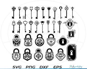 Cerradura y llave SVG, cerradura svg, llave svg, cerradura de corazón svg, llave de casa svg, clipart, archivos de corte para silueta, archivos para Cricut, vector, dxf, png