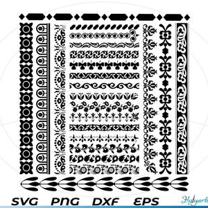 May include: A set of 24 black and white decorative borders, including floral, geometric, and abstract designs.  SVG, PNG, DXF, and EPS file formats are included.