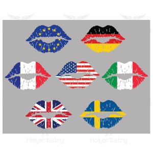 Pode incluir: Seis lábios vermelhos com diferentes bandeiras de países impressas neles. As bandeiras são as da União Europeia, Alemanha, França, Estados Unidos, Itália e Reino Unido.