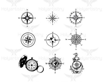 May include: A set of nine black and white compass illustrations. The compasses are in various styles, including traditional, nautical, and modern. Some compasses feature a globe in the center, while others have a star or a simple arrow.