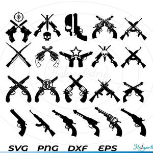 Op de afbeelding: Een set van 16 zwart-witte SVG-snijbestanden met geweersilhouetten. De geweersilhouetten zijn in verschillende stijlen, waaronder pistolen, geweren en jachtgeweren.