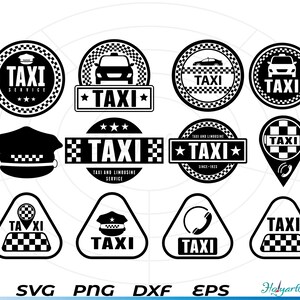 Puede incluir: Una colección de logotipos e iconos de servicios de taxi en blanco y negro. Los diseños incluyen insignias circulares, pancartas rectangulares y formas triangulares, todos con la palabra "TAXI" e imágenes relacionadas con los taxis. La imagen también incluye el texto "SVG PNG DXF EPS".