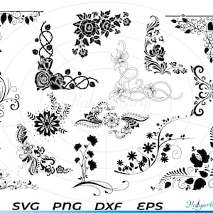 May include: A set of 14 black and white floral corner designs. The designs are intricate and feature various floral motifs, including leaves, flowers, and swirls. The designs are perfect for adding a touch of elegance to any project.