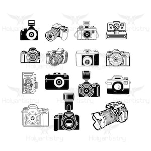 May include: A collection of 12 black and white illustrations of vintage cameras. The cameras are drawn in a simple, line art style. The illustrations include a variety of camera types, including a Polaroid camera, a film camera, and a digital camera.