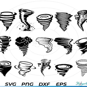 May include: A collection of black and white tornado illustrations in various styles. The image includes swirling vortex designs, some with detailed shading and others with a simplified outline. The bottom of the image displays the text "SVG PNG DXF EPS".