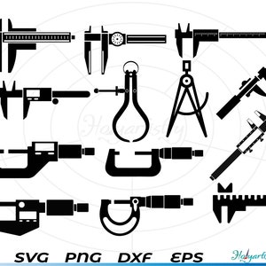 May include: A set of nine black and white measuring tools, including calipers, a compass, and a ruler. The tools are isolated on a white background.