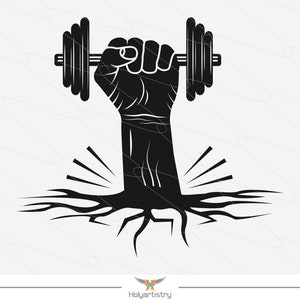 May include: Black and white silhouette of a fist holding a dumbbell, with roots growing from the fist and extending out to the sides.