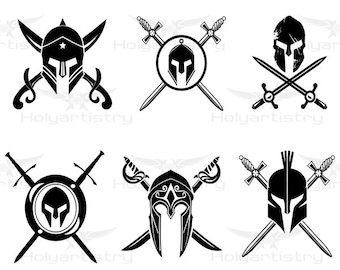 May include: Six black and white illustrations of Spartan helmets with crossed swords. The helmets are in different styles, some with shields and some with swords.