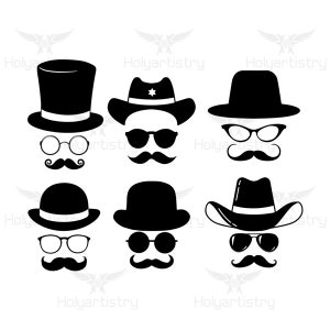 May include: Set of six black and white silhouette illustrations of different hats and moustaches. The hats include a top hat, cowboy hat, fedora, and bowler hat. The moustaches are all different styles.