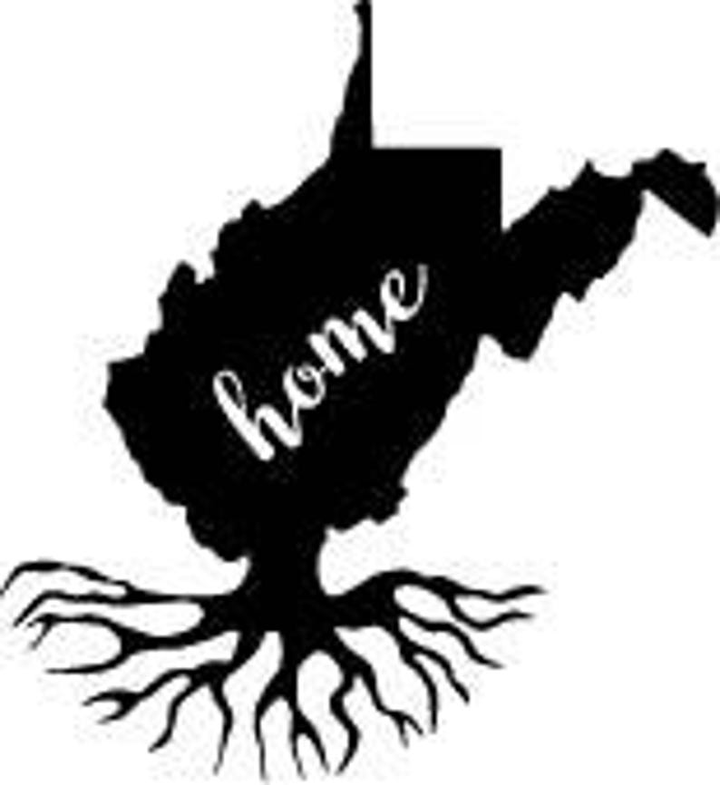 May include: Black silhouette of the state of West Virginia with the word "home" in white script. The state shape is connected to a tree trunk and roots, creating a unique design.