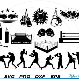 Puede incluir: Ilustraciones vectoriales en blanco y negro de equipos de boxeo y boxeadores. Las ilustraciones incluyen guantes de boxeo, un ring de boxeo, un saco de boxeo y siluetas de boxeadores en varias poses. El texto "FIGHT RING" está incluido en la imagen.