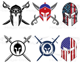 May include: Six different designs of Spartan helmets with crossed swords. The helmets are in black, red, white, and blue. Some helmets are inside a circle with crossed swords.